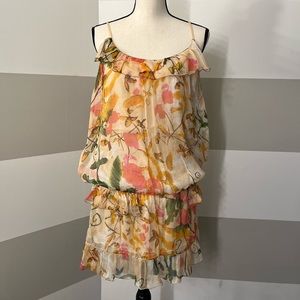 Max Studio Floral Silk Spaghetti Strap Tunic Tank Dress, Ruffles, size M